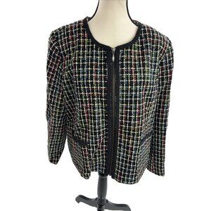 Koret Womens 18P Tweed Zip Jacket Black Multicolor Boucle Career Blazer Pockets